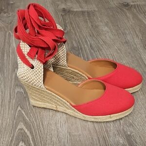 J. Crew Red Espadrille Wedge Ankle-Tie Sandals